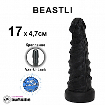 Ребристый фаллоимитатор BEASTLI 17 см, черный силикон, кольца-ребра, Vac-U-Lock